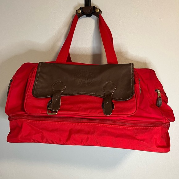 Marlboro Country Store Vintage Red Leather Plaid Duffle Travel Bag